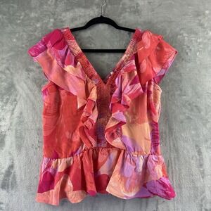 Sofia Jeans by Sofia Vergara Women's M Pink Orange Smocked Ruffle Top NEW